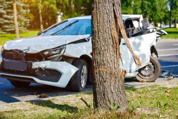 Damaged tree after traffic accident, vehicle with extensive destruction. Damaged tree and wrecked...