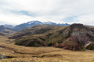Mountainous Patagonia Landscape in autumn with small snow covered mountains and river. Alumine, Neuquen, Argentina