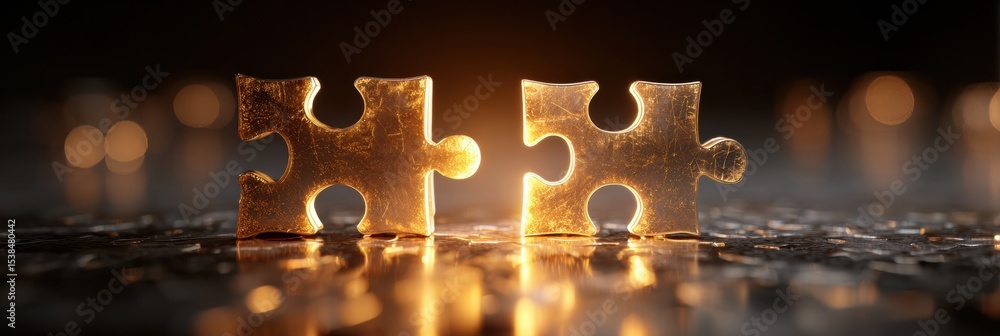 Poster Two Glowing Puzzle Pieces Connect in a Darkened Background, Representing Unity and Collaboration in a Serene Atmosphere