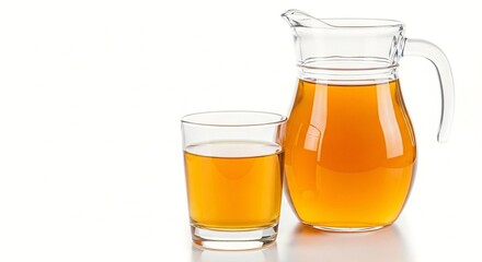 Apple juice in glass pitcher and glass healthy refreshing drink on white background still life photo