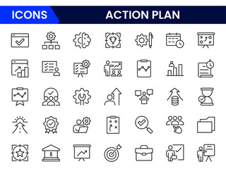 Strategic vector web line icons depicting action plans, goals, timelines, tasks, and organized workflows for effective project execution.