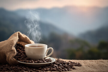 A white coffee cup with steam coming out of it is sitting on a table with coffee beans. The scene is peaceful and relaxing, with the mountains in the background adding to the serene atmosphere