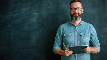Professional Man with Tablet and Pencil in Classroom Setting