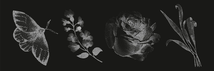 Grunge vintage collection of photocopy halftone elements in Y2K aesthetic.graphic tattoo.Gothic punk poster.Trendy elements with retro effect.