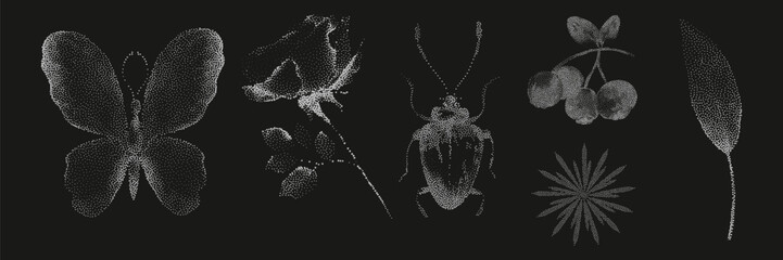 Grunge vintage collection of photocopy halftone elements in Y2K aesthetic.graphic tattoo.Gothic punk poster.Trendy elements with retro effect.