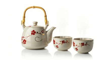 Elegant japanese tea set with floral design ceramic teapot and cups for traditional tea ceremony
