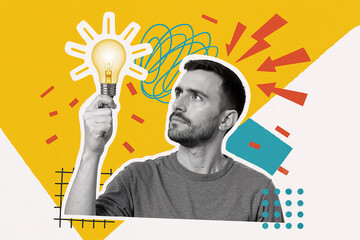 Creative collage representing a man having a new idea, holding a light bulb in his hand