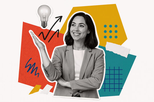 Businesswoman suggesting new ideas and growing trend with light bulb in a creative collage