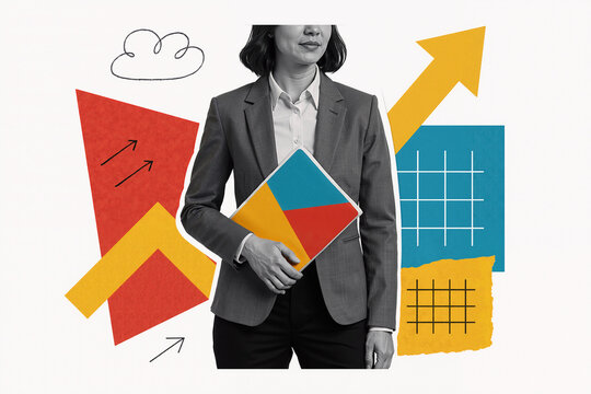 Contemporary art collage about business growth and success, featuring a businesswoman and colorful graphic elements