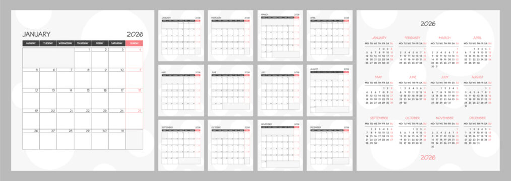 Monthly calendar red square planner schedule for 2026 year. Week Starts on Monday