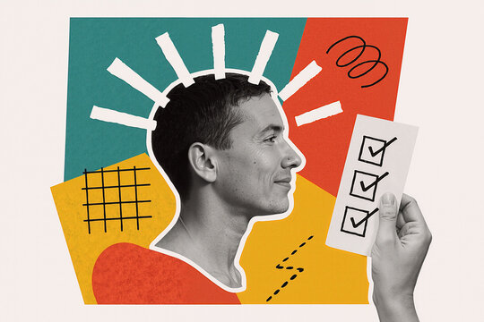 Creative collage representing positive thinking and self assessment, with a man's profile and a hand holding a checklist with all boxes checked