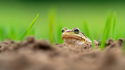 Obraz premium Frog nestled in damp earth, green grass background