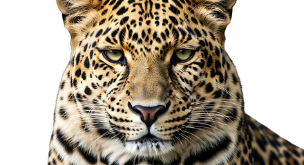 Leopard Face Close Up with Intense Gaze on White Background