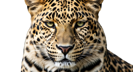 Leopard Face Close Up with Intense Gaze on White Background