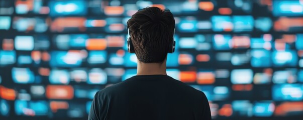 Person with Headphones Watching Digital Screens in Dark Room