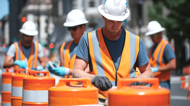 Group of men places traffic cones on city road while coordinating with flaggers, ensuring that the construction zone is clearly marked for safety