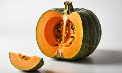 The image features a dark green-skinned pumpkin or squash, cut in half to reveal its vibrant orange flesh and abundant seeds within. A smaller wedge, also showing the orange interior and seeds, is pla