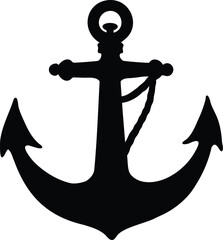 Black silhouette of an anchor on a white background, nautical themed graphic
