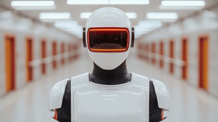Futuristic humanoid robot with reflective visor in hallway