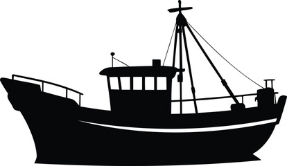 Silhouette of a commercial fishing boat at sea, isolated on white