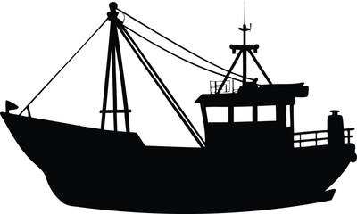 Silhouette of a Large Fishing Boat Vessel on a White Background