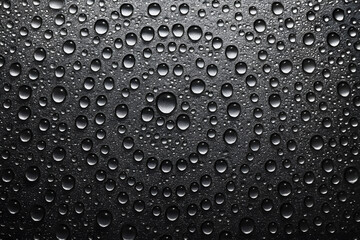 Dense condensation pattern on black glass with concentric ripple effect and diffused light for abstract chemistry theme