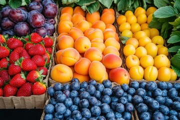 Vibrant display of assorted fruits in a market setting showcasing fresh strawberries, blueberries, apricots, and more in colorful wooden crates under natural light