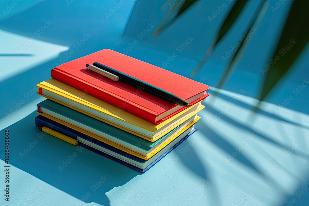 Aufkleber high resolution picture of a stack of colorful notebooks and pens on a table