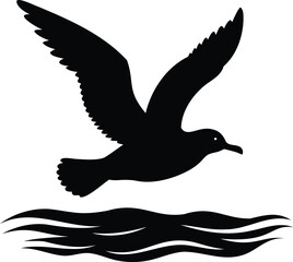 Black Silhouette of a Seagull Flying Above the Ocean Waves Illustration