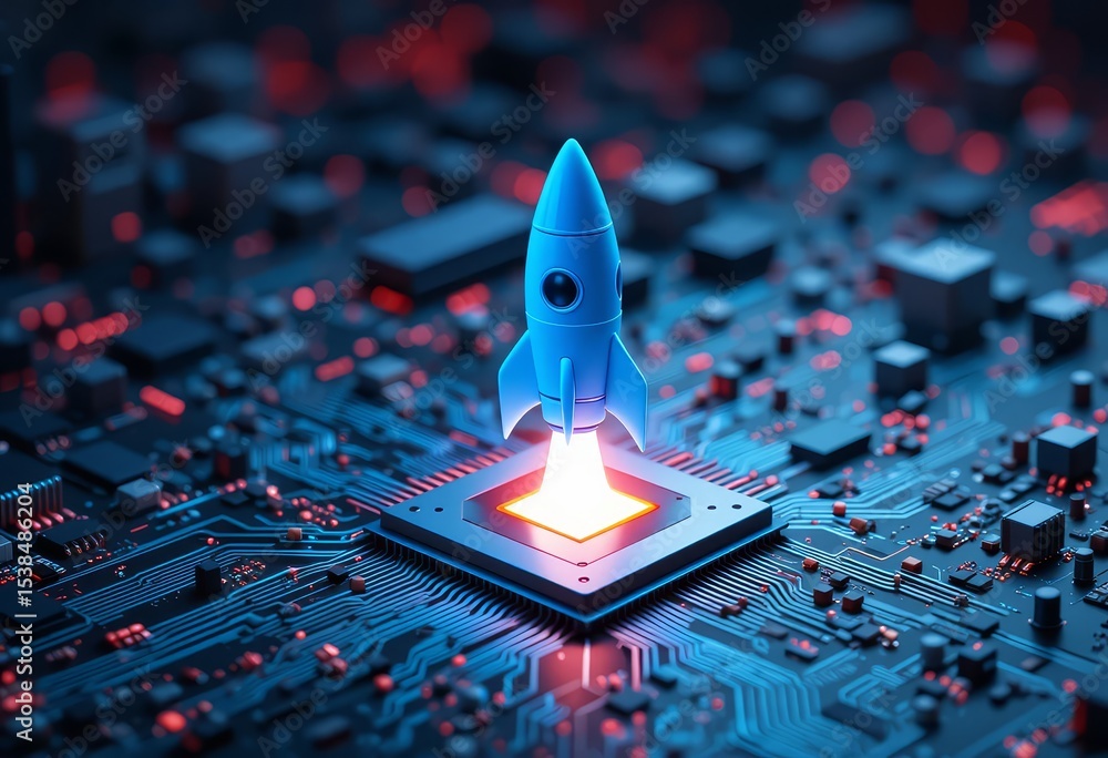 Poster blue rocket launching from computer chip highlighting technology startup innovation progress