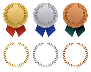 金銀銅のメダルのフレームデザインアイディアセット(ランキング ランク 1位 2位 3位 優勝 リボン ベクター 編集可能 背景透過PNG)	