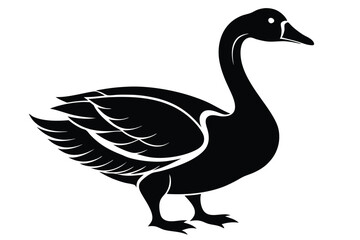 Isolated black silhouette of a goose standing on white background shows elegant, graceful figure