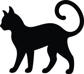 Stylized black cat silhouette with an elegantly curled tail, isolated on white. Perfect for pet-related designs, playful animal illustrations, or subtle branding