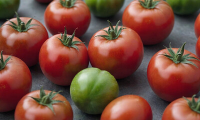 The image features several ripe, red tomatoes scattered across a dark, possibly wet, surface. Each tomato has a green stem still attached, and some appear to have small water droplets on their skin, s