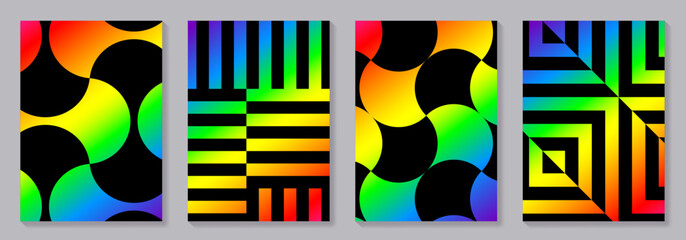 Abstract gradient geometric patterns on black background vector set for cover template. Music poster design. Trendy design for music festival, club, party, cards, flyer, social media, ads.