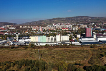 Aerial view of suburban city industrial area buildings