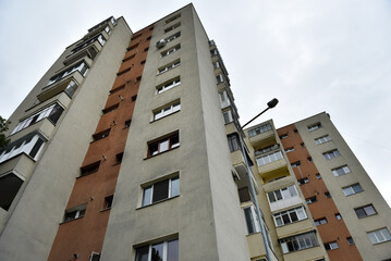 Perspective view of flat of blocks from Communist period, worn out concrete buildings in Eastern Europe