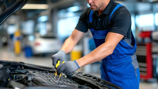 Hands-on view of mechanic removing spark plugs from a car engine, with the surrounding work area filled with automotive tools and equipment