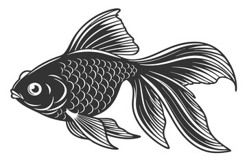 Intricate monotone goldfish swims, detailed with scales and flowing fins, a captivating monochrome aquatic beauty