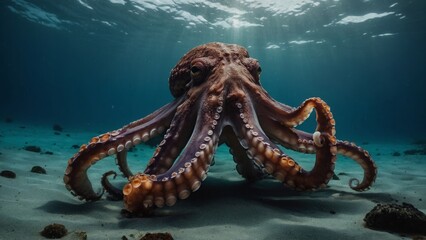 Obraz premium Underwater View of an Octopus Resting on a Sandy Seabed with Sunlight Filtering Through