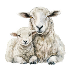 A Mother Sheep With Her Kid, watercolor illustration vector, isolated on a white background.