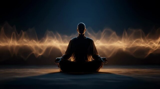 Luminous brainwave patterns undulating and glowing behind serene meditating individual, revealing intricate mental landscape and inner consciousness during profound mindfulness practice