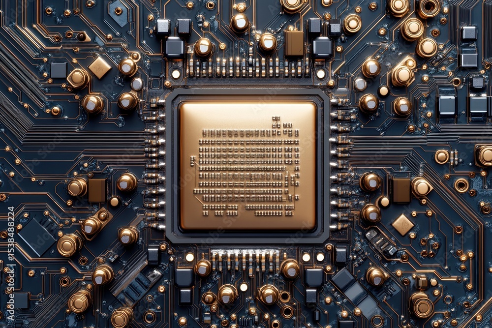 Poster intricate design of a central processor with gold accents on a circuit board showcasing advanced tec