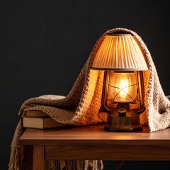 Incandescent Lamp with Hood Above Table on Black Background