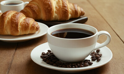 The image depicts a classic breakfast scene with a white cup of black coffee and a croissant on a matching saucer in the foreground. Another croissant and a few scattered coffee beans are visible on a