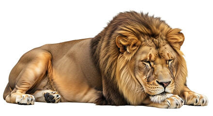 Resting Lion with a Full Mane Isolated on White Background