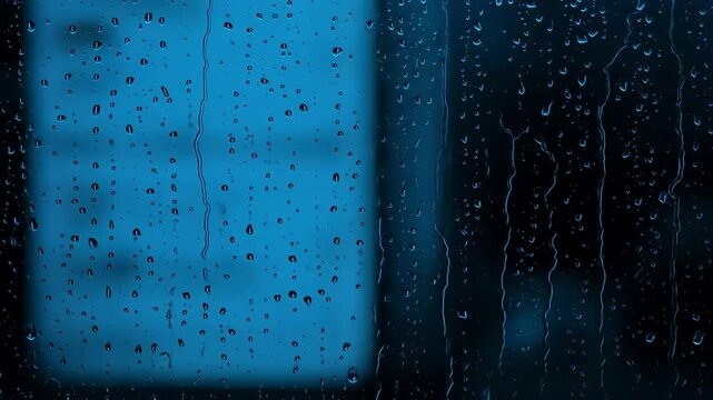 Raindrops Streaming Down Car Window with Blurry Blue Streetlights at Night. Rainy Weather Drive, Moody Atmosphere, Condensation Texture.