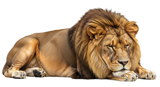 Resting Lion with a Full Mane Isolated on White Background