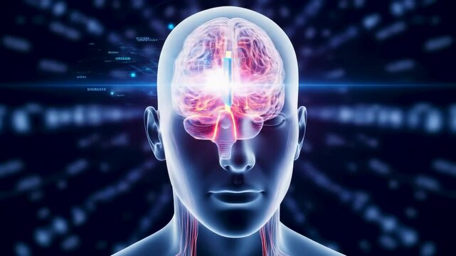A glowing neural interface chip embedded in the human brain transmit digital data stream, visualizing advanced brain computer interaction and futuristic neuro technology.