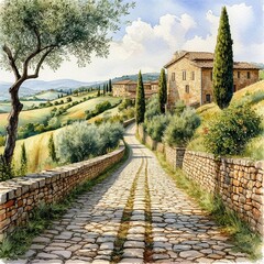 Fototapeta premium Ancient stone road leads through hills of Tuscany to villa, cypresses and lush greenery. Watercolor illustration. A rural landscape with an old brick house, arched passageways with terrace and flowers